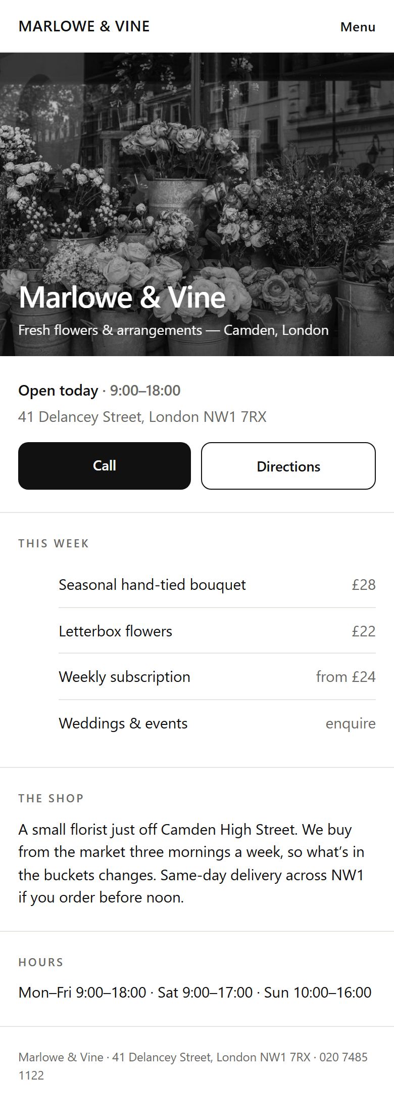A finished one-page website shown on a phone: the shop&rsquo;s name, a photo, opening hours, the address, and buttons to call or get directions.